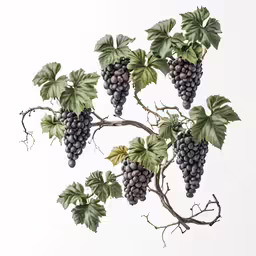 an image of some grapes and leaves on a branch