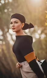 a woman in a black top and gray skirt