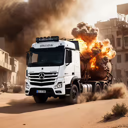 a big white truck has a lot of smoke coming out of it,a truck is driving down a dirt road
