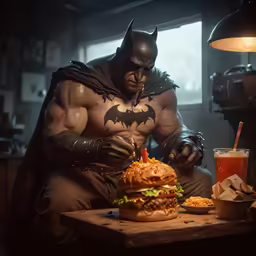 a man dressed in batman costumes eating a burger