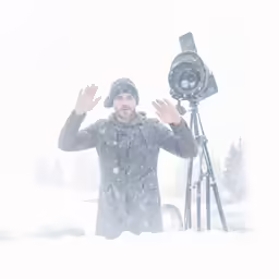 a man standing in the snow near a camera