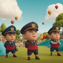 three little men dressed as police and balloons floating in the air