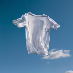 an unmade t - shirt hanging from a clothesline, on a blue sky background