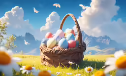 a basket with many colorful eggs is near some daisies