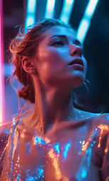 a beautiful woman sitting under a bright light