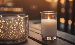 a candle on a table next to an empty glass