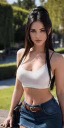 the woman in short shorts is posing on the bench