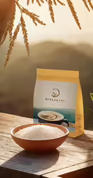 a cup of coffee next to some grains on a wooden table