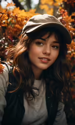 a woman with a hat on is posing for a picture