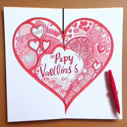 a valentines heart is drawn inside a notebook,an open heart shaped greeting card showing the word happy valentines