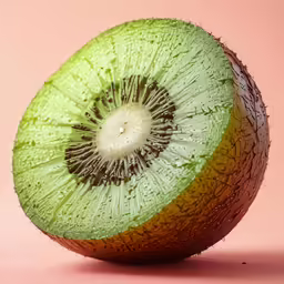 a green fruit cut in half on a pink surface