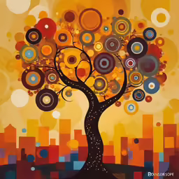 the painting shows a tree with many circles in it
