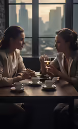 two women sitting together talking at a table
