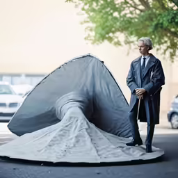 a man in a suit and tie stands behind a large object on the side of a road