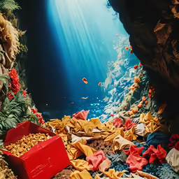 a box sitting in the water near some corals