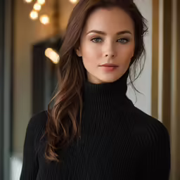 a close up of a woman in a black sweater