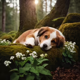 there is a dog that is laying down on the moss