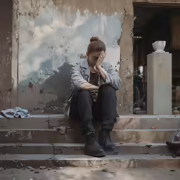 a woman in a jacket sits on a step and holds her head in her hands