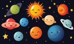 the solar system with cartoon planets and sun