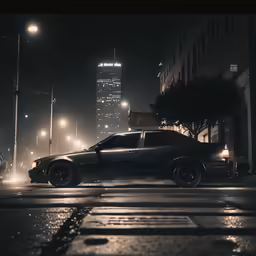 a black car drives down the city street at night