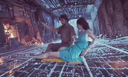 man and woman sitting in front of a fire