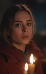a woman sitting in front of a candle