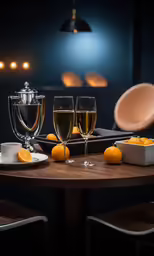 two glasses of champagne and a bowl with orange slices sit on the table