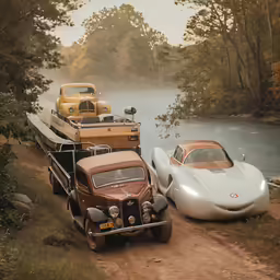 a group of vehicles driving on a dirt road