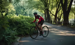 a bicyclist is seen riding in a park next to bushes and trees
