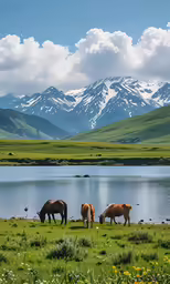 horses stand in grass next to a mountain lake