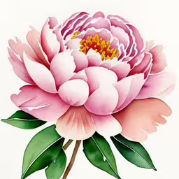 this watercolor painting depicts a pink peony flower,a pink flower with leaves in front of it