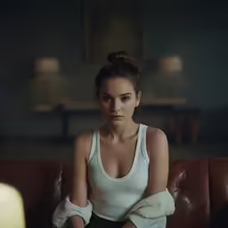 a woman sitting on a leather couch with her hands folded