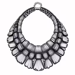 black and white drawing of a necklace,an intricate silver necklace is displayed in front of a white background,a drawing of a necklace with fringes and a round design on the collar,a necklace with large fan shaped beads on a chain,an image of a drawing of a collar