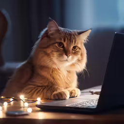 a cat sits on the laptop keyboard surrounded by lights