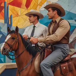 two men wearing hats and vests on horseback
