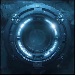 a futuristic spaceship camera in the dark
