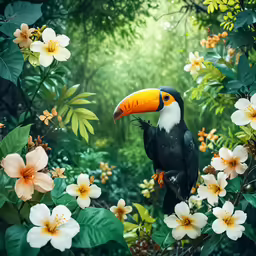 a bird is sitting in a branch surrounded by flowers