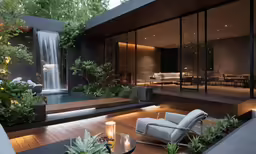 a large backyard with two chairs near the pool