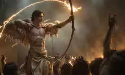 the hero of sparta is aiming at a crowd with fire
