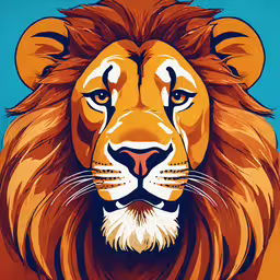 an orange lion with a blue background,the front view of a lion