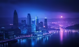 a city and water in the night with a sky line
