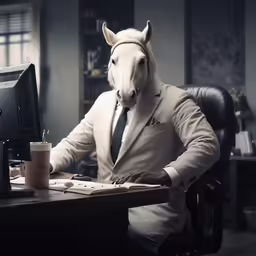 a horse mask, wearing a suit and tie, sits in front of a computer monitor