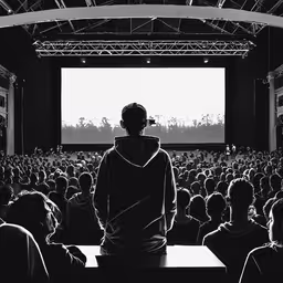 an audience is watching a movie while it is lit up,a person standing in front of a large screen watching movies