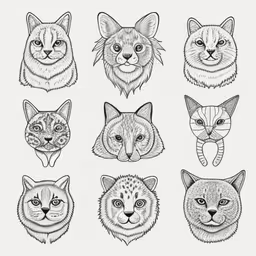 a line drawing of different kinds of cats,six different kinds of cats head and front with two different eyes,six different cats that have been drawn on paper,the animal heads are in a row, each drawn by hand,six different cats that have different faces and are black and white