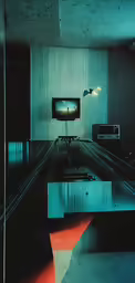 an artistic photo with a tv, couch and light reflecting on the ground
