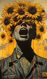 a man wearing sunflowers over his face in front of a yellow background