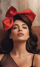 a young woman with a red bow sitting on a brown couch