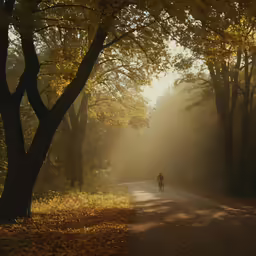 a man riding his bike down a path through the woods
