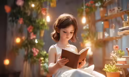 a little girl reading a book while in her bed