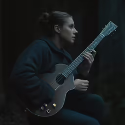 a woman in black jacket playing a guitar